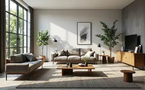 Nowoczesny salon z szarymi sofami, drewnianym stolikiem i dywanem. Inspiracja dla miłośników **upcyklingu** i ekologicznego designu.