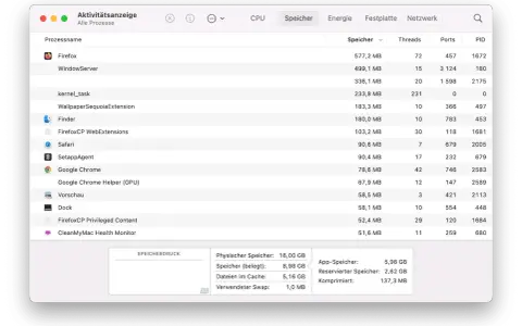 Aktivitätsanzeige zeigt den hohen photoshop arbeitsvolumen voll. Firefox und WindowServer verbrauchen am meisten Speicher.