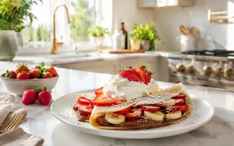 Crepe doblada con fresas, plátano y nata, perfecta para una receta crepes para 2. Espolvoreada con azúcar glas.