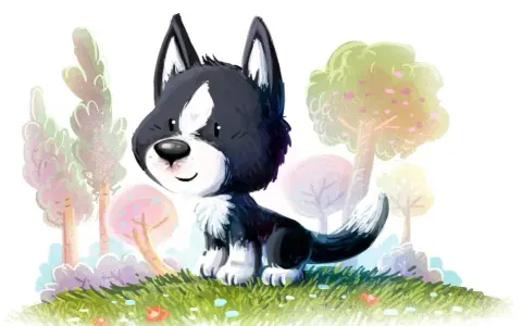 Uroczy szczeniak rasy border collie siedzi na trawie wśród kolorowych drzew. Wesołego 26 sierpnia dnia psa!