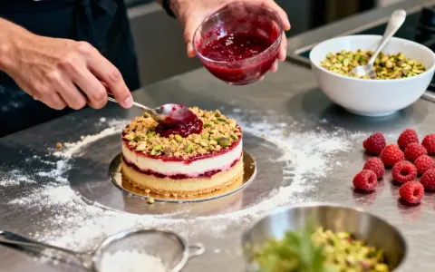 Un chef ajoute une touche finale à un gâteau, déposant une compotée pour créer un insert croustillant framboise.