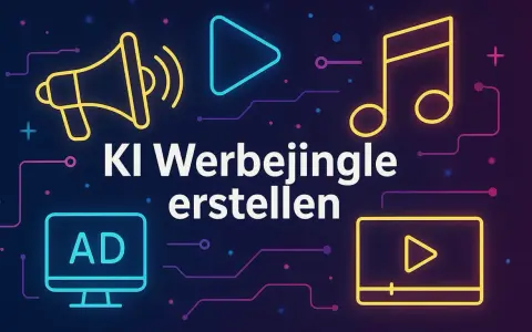 KI-gestützte Erstellung von Musik für Werbung. Icons für Megafon, Play-Button, Noten und Bildschirm mit "AD" zeigen die Möglichkeiten.