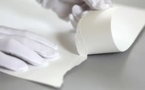 Manos enguantadas manipulan papel texturizado, mostrando su grosor. Esto ayuda a entender qué es el gramaje.
