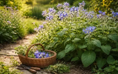 Ein Korb mit frisch geschnittenen Kräutern und blauen Blüten, darunter ein zarter borretsch keimling, liegt neben einer Gartenschere auf einem Steinweg.