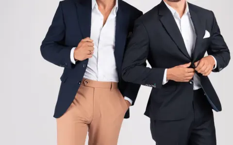 Two men in navy blazers and white shirts. One wears tan pants, the other dark pants. Is semi formal and cocktail attire the same?