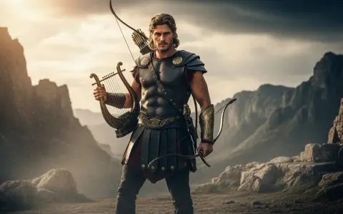 Apollon mit Lyra und Bogen in felsiger Landschaft.