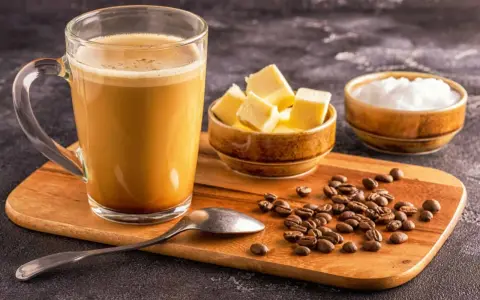 Ein Glas Bulletproof Coffee mit Butterwürfeln, Kokosöl und Kaffeebohnen auf einem Holzbrett.