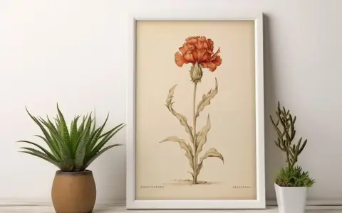 Ilustración botánica de una flor de sagitario, un clavel anaranjado, enmarcada.