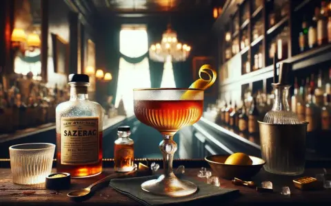 Klasyczny Sazerac w eleganckim kieliszku, obok butelka z etykietą Sazerac, lód i cytryna.