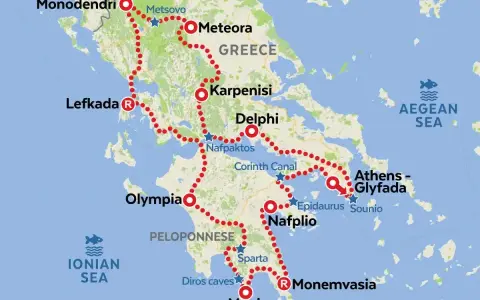 Trasa podróży samochodem do Grecji: od Albanii przez Meteory, Delfy, Ateny, Peloponez (Sparta, Mani) i powrót.