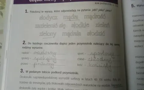 Przykłady przymiotników: mądra, słodkie, zielony. Ćwiczenia pomagają zrozumieć ich zastosowanie.