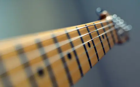 Zbliżenie na gryf gitary, gdzie ja gram na gitarze chwyty. Widać struny i progi.