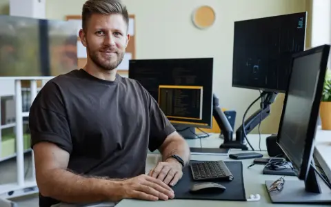 Uśmiechnięty qa engineer siedzi przy biurku z wieloma monitorami, gotowy do testowania oprogramowania.