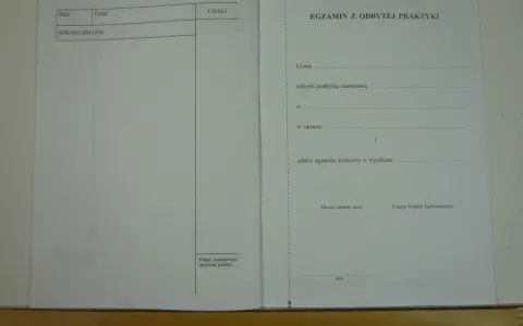 Formularz "Dziennik praktyki zawodowej jak wypełnić" zawiera sekcje na dane ucznia, przebieg praktyki i egzamin.