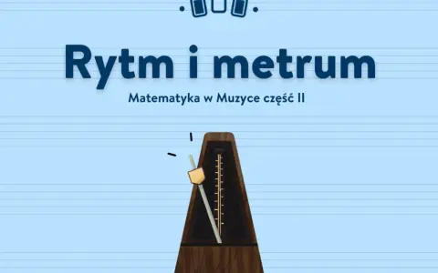 Metronom pomaga utrzymać stałe tempo, czyli metrum w muzyce. Tytuł "Rytm i metrum" oraz grafika sugerują lekcję o podstawach muzyki.