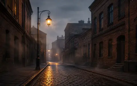 Mroczna, brukowana ulica w starym mieście, gdzie latarnie rzucają złote światło na mokry bruk. Mgła unosi się między ceglanymi kamienicami, tworząc atmosferę jakby miasto w ogniu, choć płomieni nie widać.