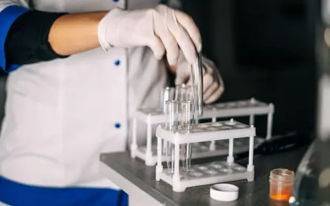 Laborant med handskar hanterar provrör. Kanske för att ta testosteron eller analysera andra prover i labbet.