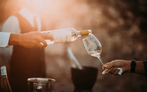 En person häller upp ett glas vin från en flaska. Solen skiner och skapar en varm atmosfär.