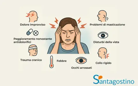 Illustrazione di sintomi associati a mal di testa e occhi: dolore improvviso, peggioramento con antidolorifici, problemi di masticazione, disturbi della vista, trauma cranico, febbre, collo rigido, occhi arrossati.