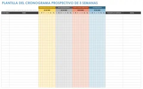 Plantilla para un cronograma obra de 3 semanas, con columnas para tareas, días de la semana y notas.