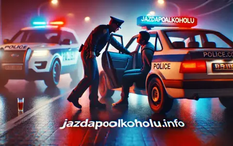 Policjant zatrzymuje kierowcę. Na dachu radiowozu napis "JAZDA PO ALKOHOLU". To przypomnienie o **limicie alkoholu w Polsce**.