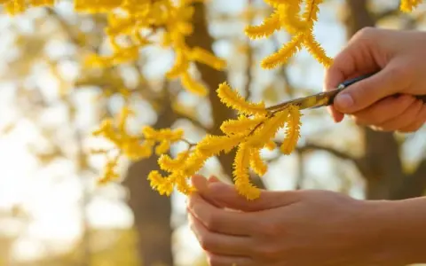 Des mains coupent une bouture de mimosa, ses grappes jaunes éclatantes baignées de soleil.