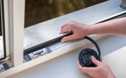 Hände legen eine neue Fensterdichtung an, um Zugluft zu vermeiden.