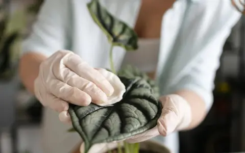 Manos enguantadas limpian suavemente las hojas de una planta de interior, mostrando cómo limpiar las hojas de las plantas para un crecimiento saludable.