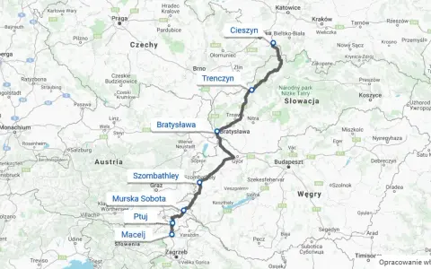 Trasa z Cieszyna przez Bratysławę, Szombathely, Ptuj do Zagrzebia. Zastanawiasz się, ile kilometrów jest do Chorwacji? Mapa pokazuje drogę do Zagrzebia.