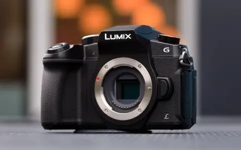 Czarny aparat Lumix G z widocznym mocowaniem obiektywu i migawką elektroniczną.