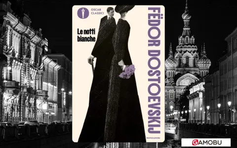 Copertina di "Le notti bianche" di Dostoevskij, con figure eleganti e architettura notturna.
