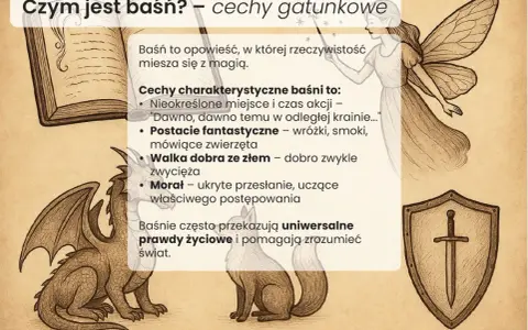 Smok, wróżka i lis ilustrują cechy baśni: magię, fantastyczne postacie i walkę dobra ze złem.