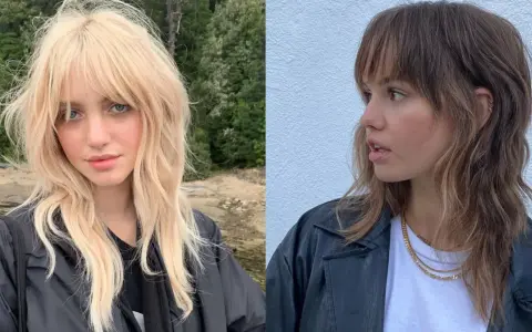 Dwie kobiety prezentują modne fryzury damskie półdługie: blond shag z grzywką i brązowe fale z grzywką.