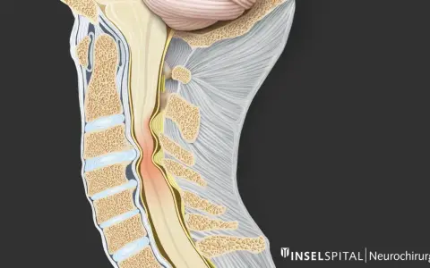 Illustration zeigt eine Kompression des Rückenmarks im Halsbereich, die zu zervikaler Myelopathie führen kann. Die Lebenserwartung hängt von der Schwere ab.