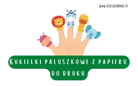 Zabawne kukiełki paluszkowe z papieru do druku: lew, zebra, żyrafa, słoń i hipopotam na dłoni.