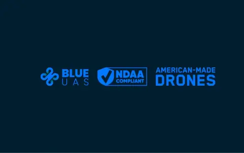Blue UAS logo with NDAA compliant badge and "American-Made Drones" text.