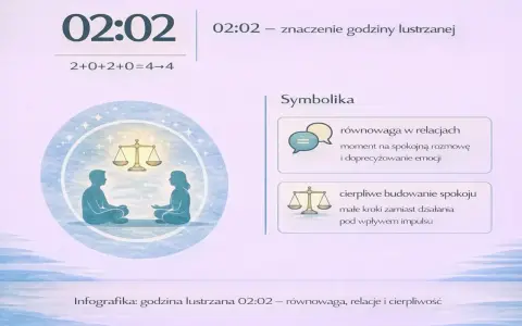 Godzina lustrzana 02:02 symbolizuje równowagę w relacjach i cierpliwe budowanie spokoju.
