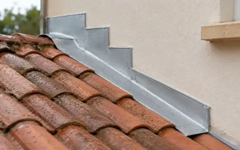 Détail d'une pose de solin en zinc contre un mur, protégeant les tuiles de la pluie.