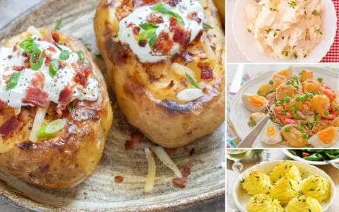 Variedad de patatas cocidas recetas: patatas asadas con bacon y crema, ensalada de patatas con huevo y guisantes, y puré de patatas en forma de rosetas.