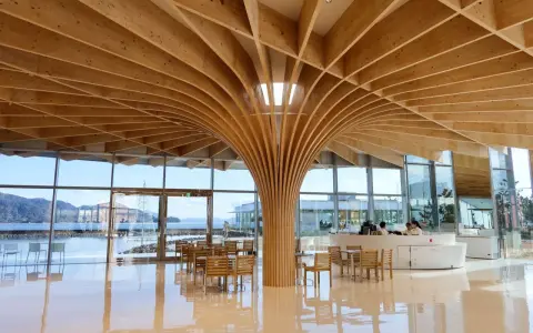 Interno moderno con soffitto in legno curvo, un esempio di architettura giapponese. Tavoli e sedie in legno, vista sul mare.