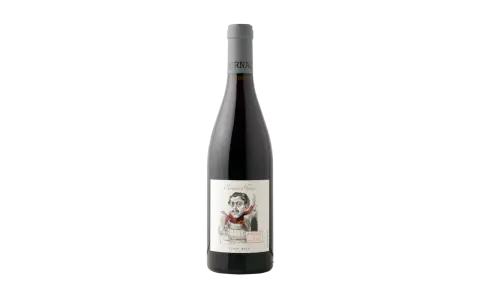 Bouteille de vin rouge avec une étiquette humoristique représentant un personnage dans un tonneau. Le vin est un Pinot Noir, dont l'origine est mise en avant.