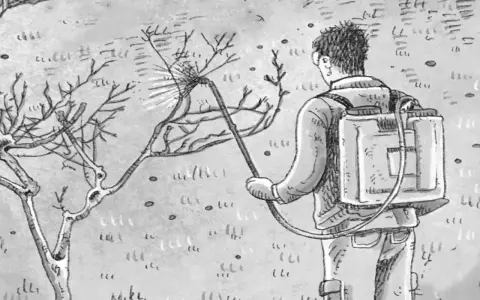 Uomo con zaino irroratore tratta un albero da frutto spruzzando. Illustrazione che ricorda una tabella trattamenti alberi da frutto.