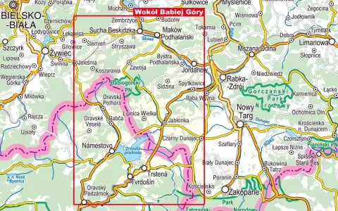 Mapa szlaków turystycznych wokół Babiej Góry, z zaznaczonymi miejscowościami i parkami narodowymi.
