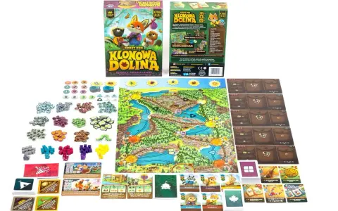 Gra planszowa "Klonowa Dolina" z planszą, kartami i żetonami. Zwierzątka wyruszają na przygodę w malowniczej dolinie.