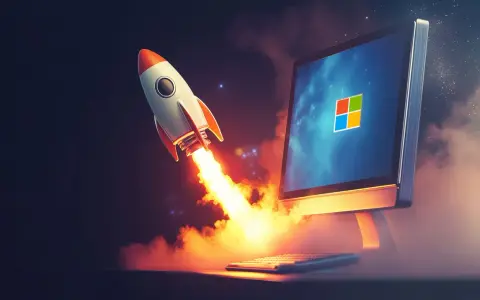 Rakete startet von einem Computerbildschirm mit Windows-Logo. Symbolisiert schnellen Windows Autostart.