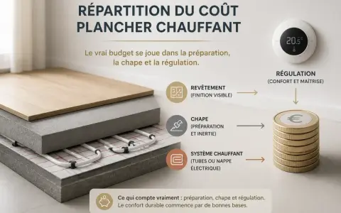 Coupe d'un plancher chauffant montrant la chape, essentielle pour l'inertie et la préparation. Le coût se joue ici.