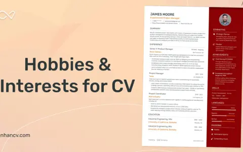 Grafika z tekstem "Hobbies & Interests for CV" na jasnym tle.