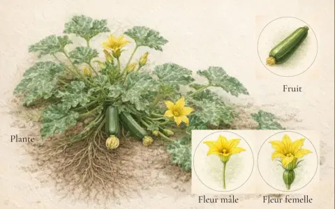 Plante de courgette avec ses fruits, ses racines et ses fleurs mâles et femelles. La fleur de courgette est jaune vif.