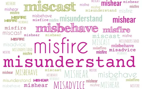 Prefix "co to" - słowa takie jak miscast, misfire, mishear, misbehave, misadvise, misundertand tworzą chmurę słów.