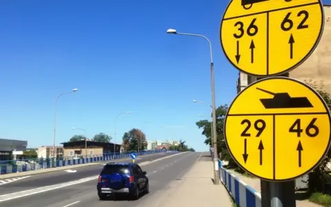 Nowe znaki drogowe informują o dopuszczalnej masie całkowitej pojazdów. Jeden znak pokazuje 36 i 62 tony, drugi 29 i 46 ton, a także symbol czołgu.